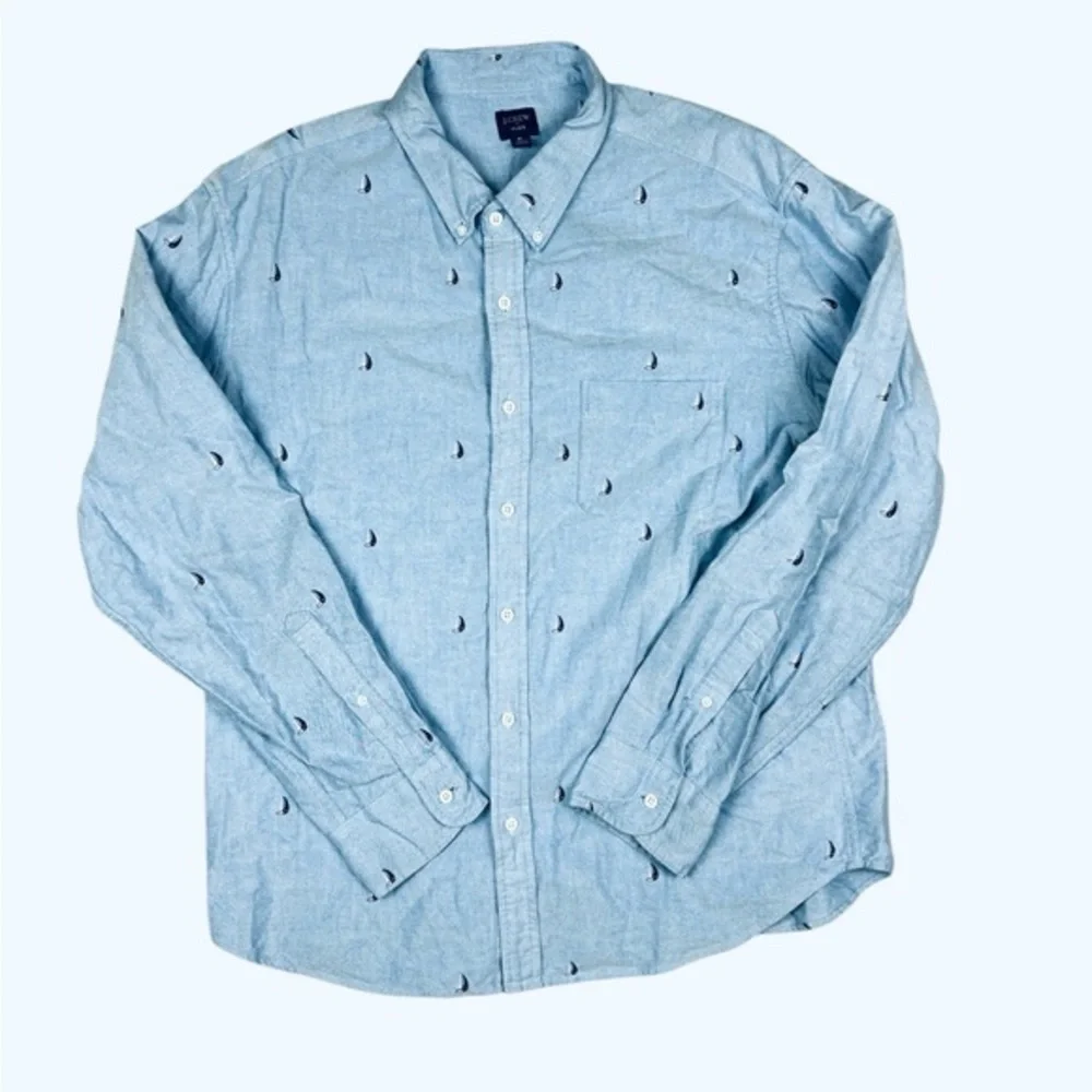 J Crew Dress Shirt Mens XL 17-17.5 Flex Button Up Denim‎ Blue Sailboat Print
